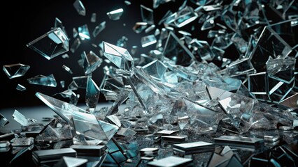 Shattered glass fragments scattered on a dark black background with sharp edges and angular reflections, destruction, broken glass
