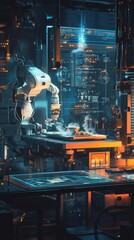 Fototapeta premium A robot arm manipulates food under illuminated holographic data