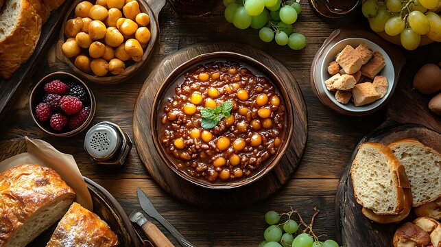 A Filipino breakfast table featuring a bowl of Champorado alongside pan de sal, fresh fruits, and a cup of hot tablea tsokolate, rustic wooden textures, warm golden lighting, high-end food styling,