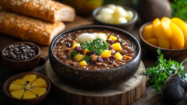 A Filipino breakfast table featuring a bowl of Champorado alongside pan de sal, fresh fruits, and a cup of hot tablea tsokolate, rustic wooden textures, warm golden lighting, high-end food styling,