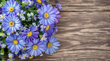 Obraz premium Close-Up of Violet and Blue Flowers Against Wooden Background, generator AI