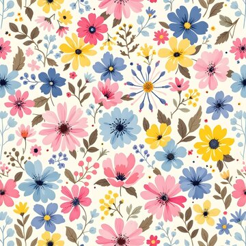 Floral pattern. Pretty flowers on a white background. Printing with small orange, red, and pink flowers. Ditsy print. Spring Bouquet.A white background, red and orange small flowers pattern.