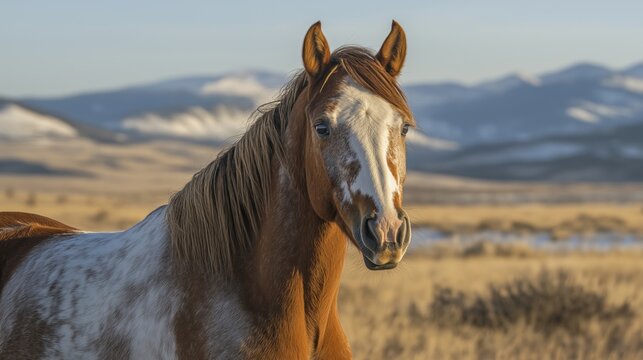 close-up portrait of a brown horse with a white face and a long mane. The horse is standing in a field with snow-covered mountains in the background. 