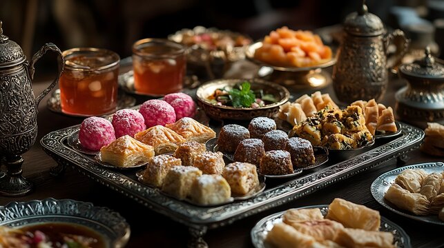 A grand Ottoman dessert spread featuring Keşk&uuml;l alongside baklava, Turkish delight, and fresh mint tea, all arranged on a silver-plated tray with intricate engravings, deep warm lighting,