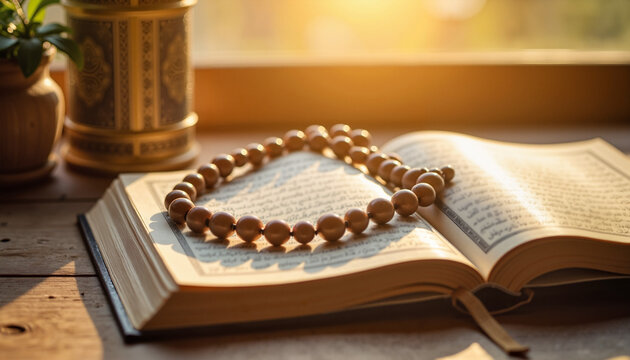 Rosary beads on an open Koran in a warm light