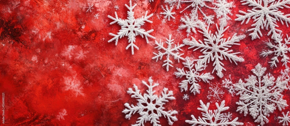 Poster vibrant red background with white snowflakes scattered across the image creating a festive holiday a