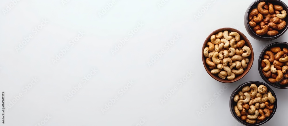 Poster bowls filled with mixed cashew nuts arranged on the top right of a light gray background creating a 