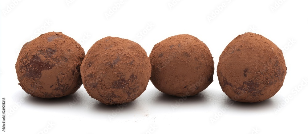 Poster delicious cocoa powder chocolate truffles arranged in a row on a white background, showcasing their 