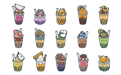 Drinks with boba vector illustration set
