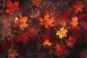 Autumnal maple leaves scattered against a textured burgundy background