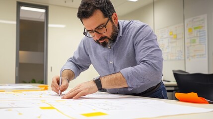 Professional man sketching designs on a large paper in a modern office space with collaborative elements