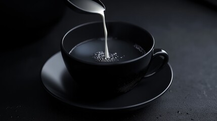 Pour milk into coffee cup on black background