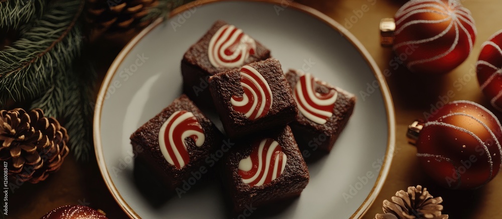 Aufkleber chocolate brownie bites arranged in a festive tree shape on a beige plate with red and white swirls,