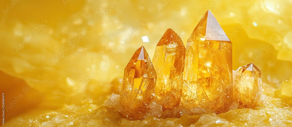 Poster vibrant citrine crystals in varying sizes set against a bright yellow background highlight the gem's