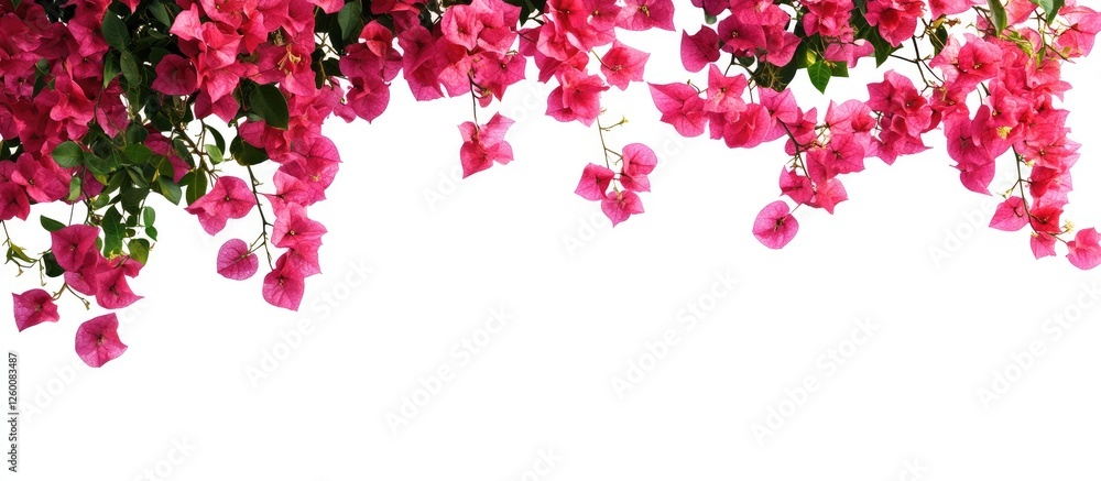 Poster bougainvillea flowers in vibrant pink cascading from the top left corner against a clean white backg