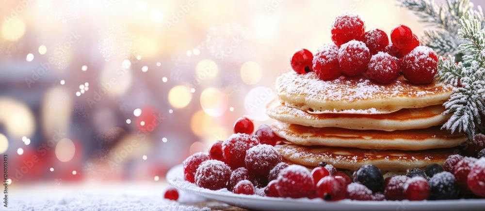 Poster festive breakfast scene with fluffy pancakes stacked high topped with red berries and snowy sprinkli