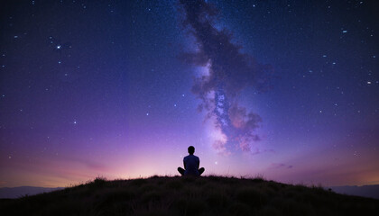 Fototapeta premium Person sitting on a hill gazing at the starry sky with falling stars and soft diffused lighting