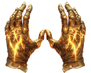 pair of enchanted gauntlets crackling with electric magic, showcasing intricate designs and glowing energy. These powerful gloves evoke sense of wonder and strength
