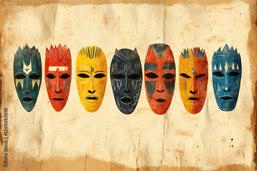 Poster colorful abstract masks representing different emotions displayed on a textured background