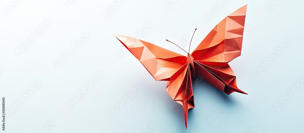 Leinwandbilder red origami butterfly positioned on the lower right of a soft blue background creating a serene and 