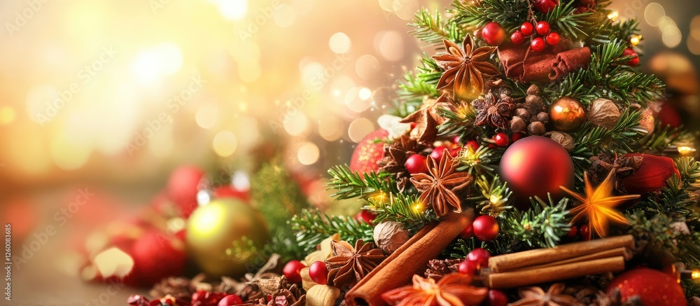 Aufkleber Festively decorated Christmas tree with colorful ornaments and spices in foreground glowing with warm bokeh lights creating a joyful atmosphere.