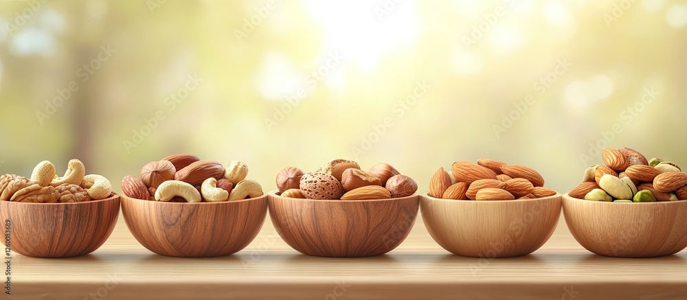 Poster assorted mixed nuts in wooden bowls including cashews hazelnuts pecans almonds and pistachios arrang