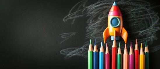 Colorful rocket made from pencils launching upwards on a black chalkboard background with vibrant pencil colors arranged horizontally at the bottom.