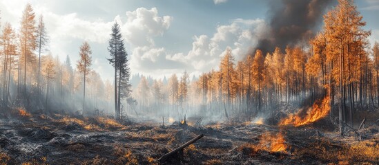 Burnt orange and grey tones dominate a scorched forest landscape with burning trees, smoke rising in the background, highlighting deforestation's aftermath.
