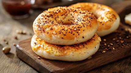 Traditional delicious modern Turkish cuisine. Plain Turkish breakfast with copper-pan egg dishes, pastries such as börek and bagels, jams, olives, cheeses, vegetables and Turkish tea.