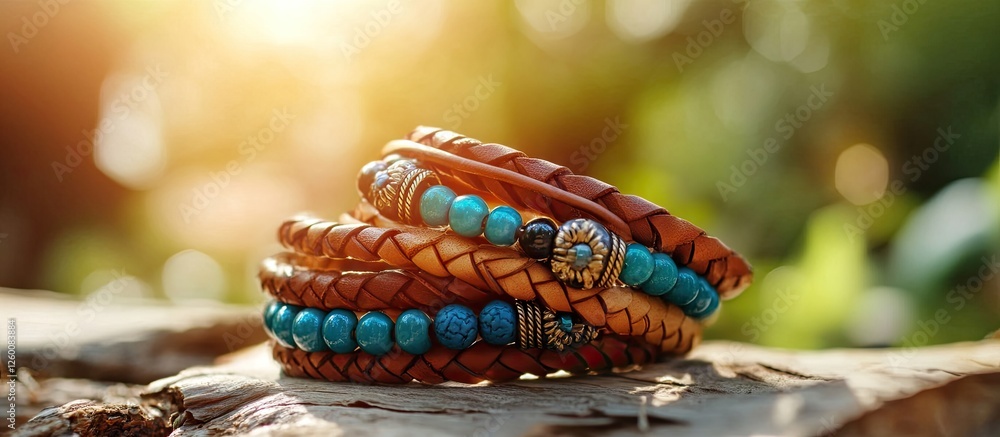 Poster braided leather bracelets in warm sunlight featuring turquoise beads stacked on a textured surface w