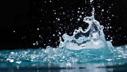 Powerful water splash on a dark background with droplets suspended in the air and dramatic lighting highlighting texture and movement