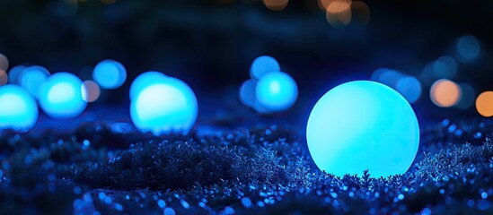 Glowing blue orbs scattered on a dark grassy surface with soft bokeh lights in the background creating a magical nighttime ambiance.
