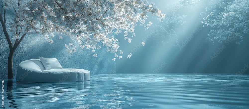 Leinwandbilder tranquil azure waters with soft light filtering through trees, featuring a white sofa on calm water,