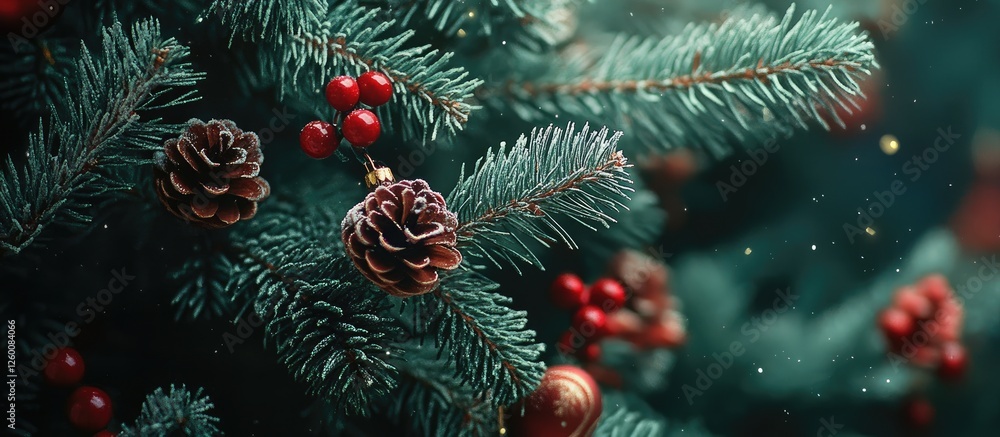 Aufkleber close-up of a lush green christmas tree featuring pinecones and red berries with soft bokeh, evoking