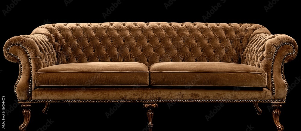 Poster elegant tufted brown sofa positioned centrally against a solid black background, emphasizing its cla
