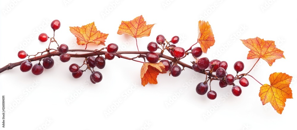 Poster vibrant red wild grape branch with glossy berries and autumn leaves in shades of orange and yellow a