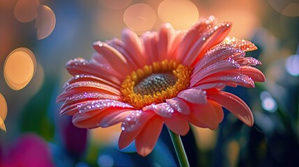 Pink gerbera daisy, dew drops, bokeh background, floral closeup, greeting card
