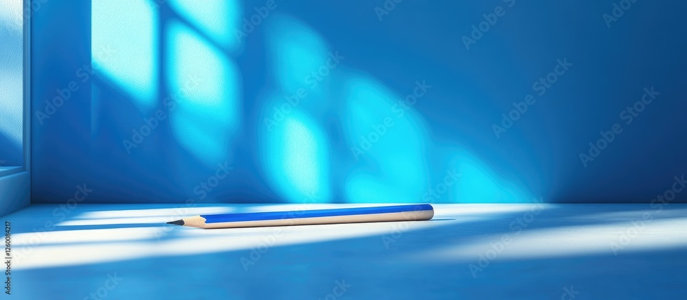 Leinwandbilder minimalistic workspace with a blue background, sunlight casting shadows on the floor, featuring a no
