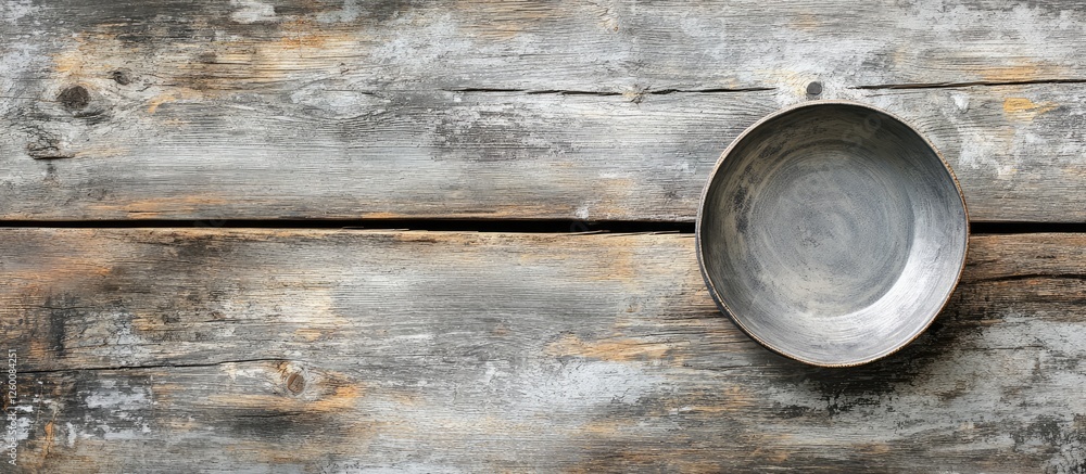 Poster rustic wooden table surface with a vacant metallic plate positioned at the top right corner creating