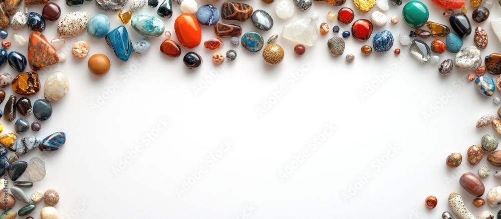 Poster colorful assortment of polished beads and natural stones arranged along the edges of a white backgro