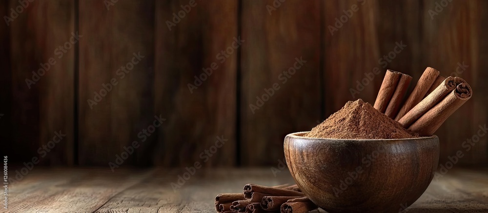 Aufkleber Cinnamon powder in a rustic wooden bowl with cinnamon sticks beside it on a wooden table against a dark textured background creating warmth