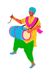 Man dance traditional dance at the Indian ethnic Festival moving rhythmically to oriental music. Bright flat illustration on white background. For stickers, banners, cards