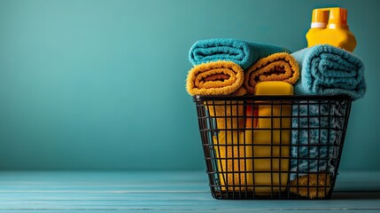 domestic substances rubber mittens cleaning rags and washcloths in a shopping basket bottles of detergent supplies for chemical cleaning a yellow place of the text home cleaning product