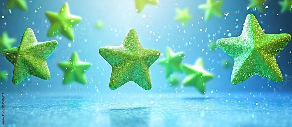 Aufkleber Bright green stars float in a clear blue background with soft bokeh lighting creating ample space for text above and below the stars