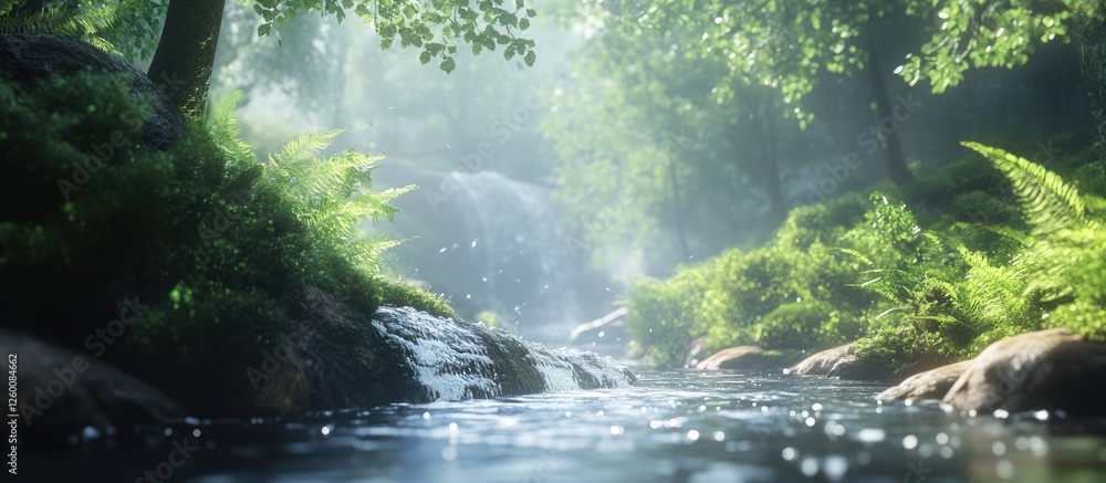 Aufkleber serene forest landscape with soft light beams filtering through lush green trees and vibrant ferns n