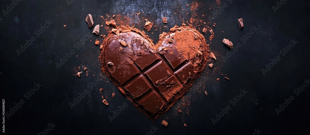 Poster Broken dark chocolate bar arranged in heart shape on textured black background with cocoa powder creating a painted effect around it.