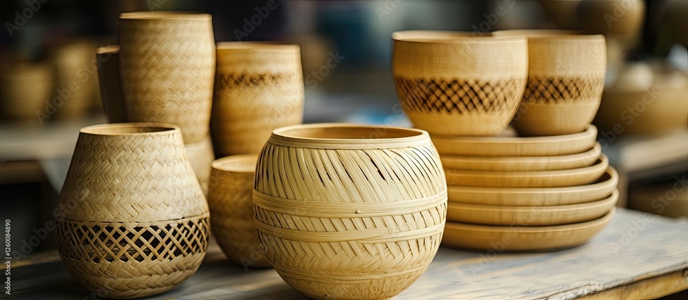 Aufkleber handcrafted bamboo bowls and plates organized in a warm natural light setting showcasing intricate p