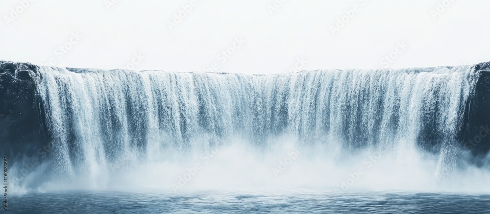 Poster Majestic waterfall cascading down a rocky cliff with mist and foam on a clear white background creating a serene natural scene.