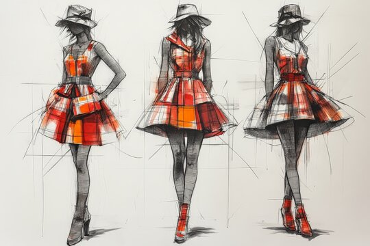Fashion sketches of stylish dresses in vibrant patterns displayed on a canvas showcasing creativity and design process