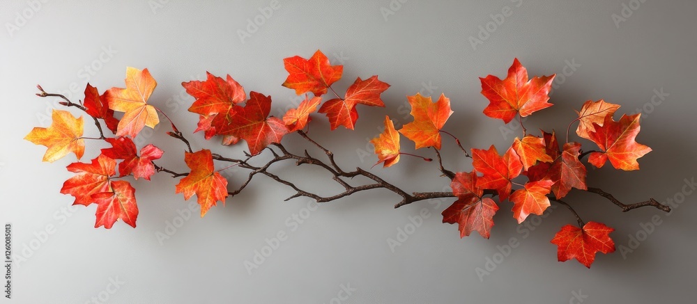 Poster vibrant autumn maple leaves in shades of red and orange arranged on a soft gray background in a flat